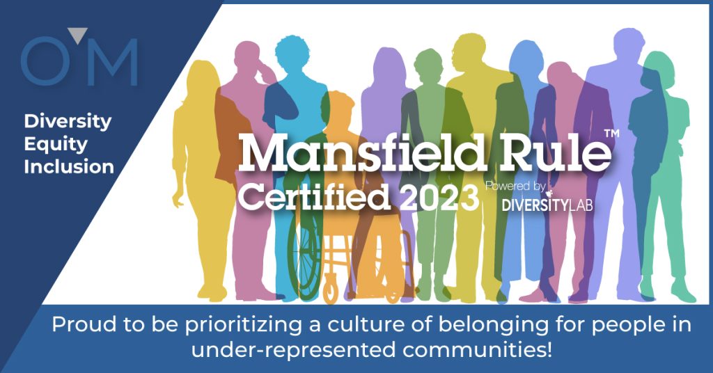 Image: Illustration of different kinds of people in various bright colors. Text: diversity, equity, and inclusion, Mansfield Rule Certified powered by Diversity Lab.