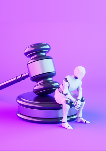 3D illustration of a white humanoid robot sitting thoughtfully beside a large judge’s gavel on a purple gradient background.