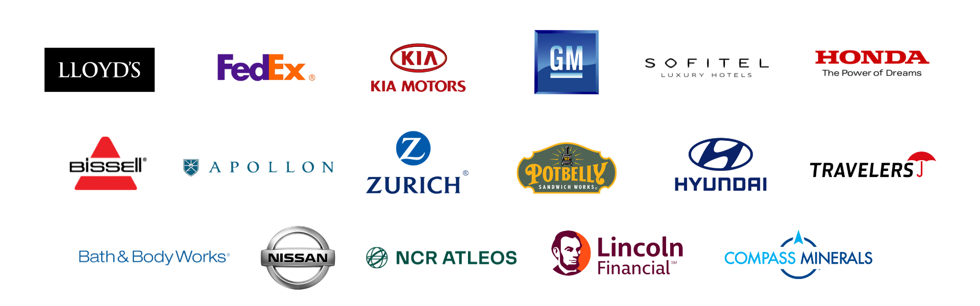 A clean white background displaying a collection of corporate logos arranged in three rows. The logos include Lloyd’s, FedEx, Kia Motors, GM, Sofitel Luxury Hotels, and Honda on the top row; Bissell, Apollon, Zurich, Potbelly Sandwich Works, Hyundai, and Travelers on the middle row; and Bath & Body Works, Nissan, NCR Atleos, Lincoln Financial, and Compass Minerals on the bottom row. Each logo retains its distinct brand colors, typography, and iconography.