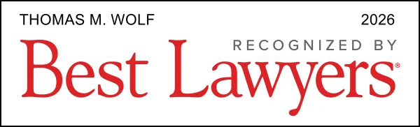 Badge reading ‘Thomas M. Wolf — 2026 — Recognized by Best Lawyers,’ with ‘Best Lawyers’ displayed prominently in red text.