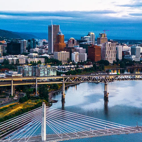 Panoramic view of downtown Portland, Oregon, featuring bridges spanning the Willamette River in the foreground and a dense skyline of modern and historic high-rise buildings under an overcast blue-gray sky.