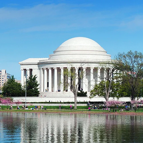 Wide view of the Tidal Basin in Washington, D.C., with the white-domed Jefferson Memorial centered in the background, cherry blossom trees in peak bloom lining the water’s edge, and reflections of the monument and pink flowers on the calm water under a cl