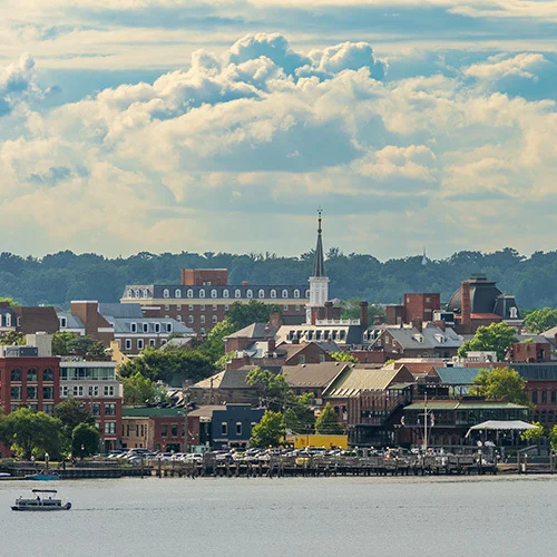 Panoramic view of Alexandria, Virginia waterfront with historic brick buildings, trees, boats on the Potomac River, and a partly cloudy sky.