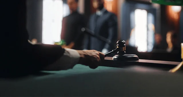 Close-up of a hand striking a wooden gavel on a sound block in a courtroom setting, with blurred figures and warm lighting in the background.