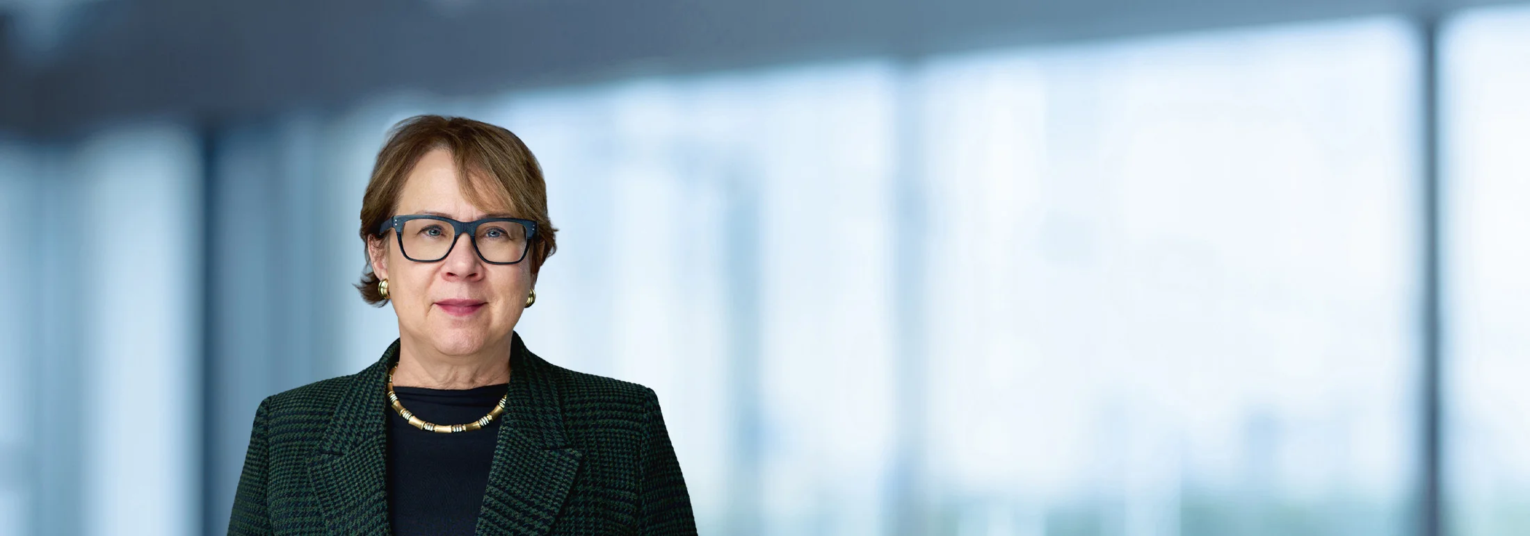A photo of attorney, Joan McKenna, against a softly blurred office background
