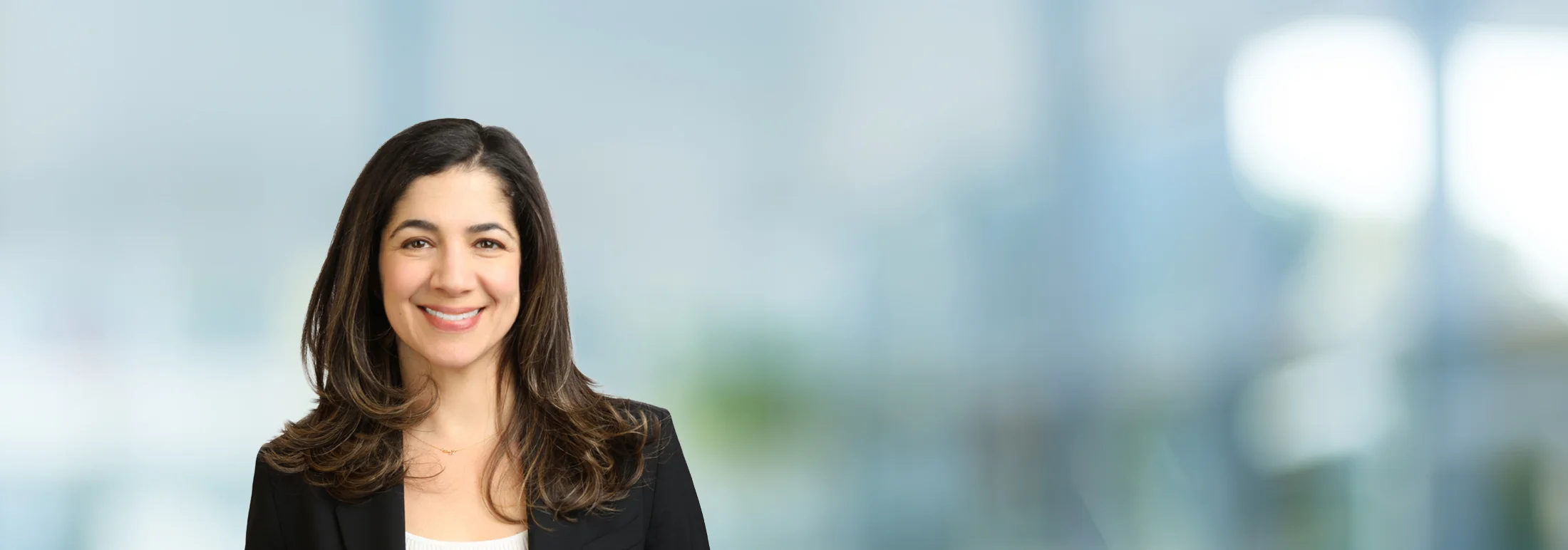 A photo of attorney Hillary Weinstein against a softly blurred office background