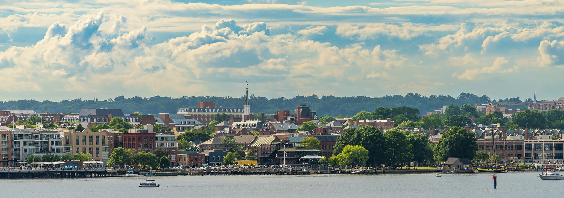 Panoramic view of Alexandria, Virginia waterfront with historic brick buildings, trees, boats on the Potomac River, and a partly cloudy sky.