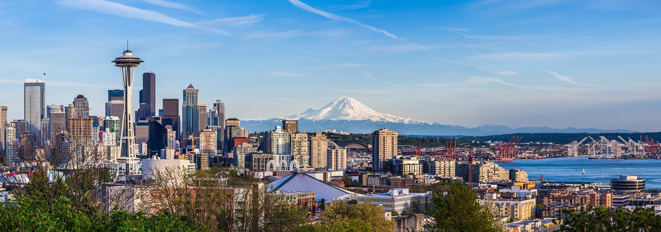 Panoramic view of Seattle featuring the Space Needle rising above downtown buildings, with Mount Rainier visible in the distance and Elliott Bay and port cranes along the waterfront under a clear blue sky
