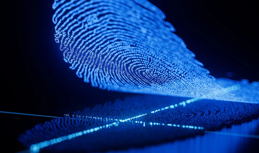 Abstract digital visualization of a flowing blue wave composed of small glowing dots and connecting lines, set against a dark background. The wave curves upward from left to right, creating a sense of motion and fluidity.
