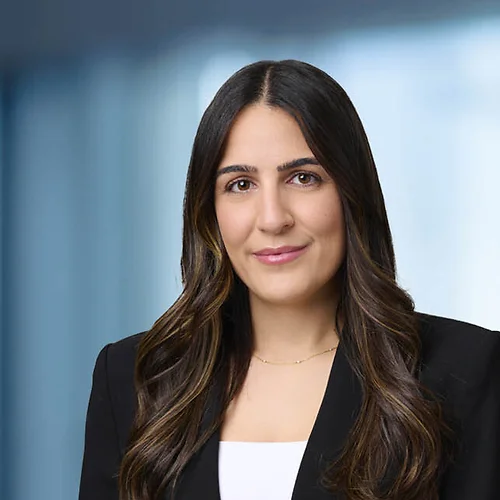 A photo of attorney, Aleka Adamian, against a softly blurred office background