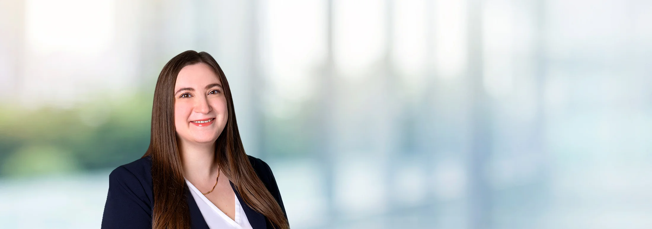 A photo of attorney, Lauren Bressman, against a softly blurred office background