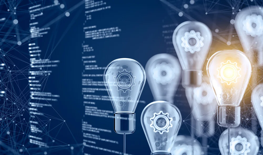 Light bulbs with visible gear mechanisms inside represent innovation and problem-solving, set against a background of computer code and connected data lines; one bulb is illuminated to suggest a leading idea.