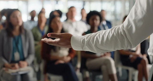 A close-up view of a presenter’s outstretched hand in the foreground while a seated audience listens in a bright, modern room, suggesting a talk, workshop, or seminar.
